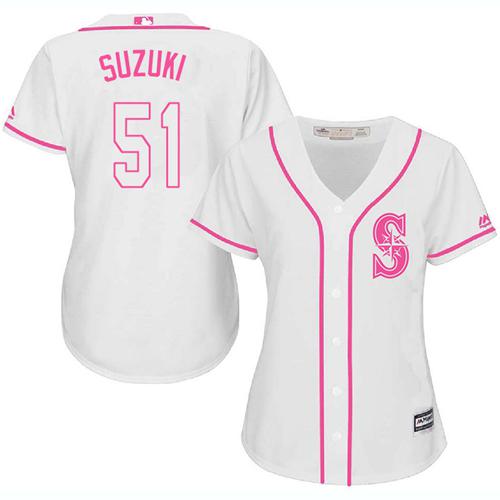 Mariners #51 Ichiro Suzuki White/Pink Fashion Women's Stitched MLB Jersey